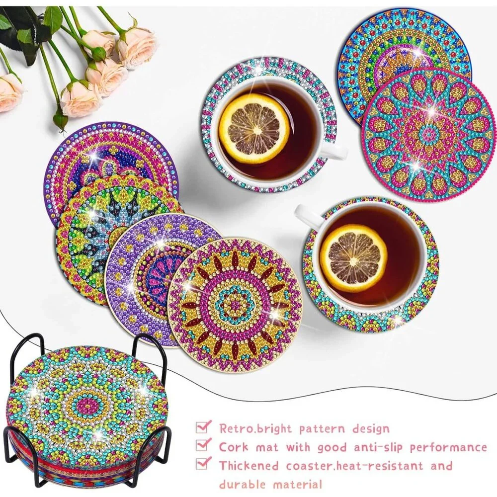 Diamond Painting Coasters Kit, 8 Pieces Mandala with Holder, DIY Art for Beginne